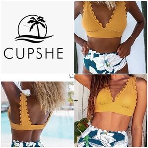 Cupshe Mustard Scalloped Bikini Top and Floral Bottoms L